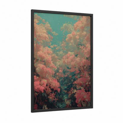 Dreamy Coral Forest framed art print — black wood frame — teal and salmon pink palette