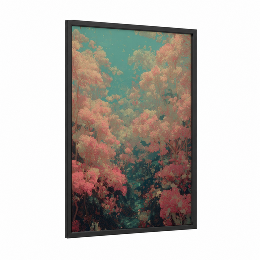 Dreamy Coral Forest framed art print — black wood frame — teal and salmon pink palette