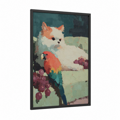 Ginger Cat Parrot framed art print — black wood frame — teal and cream palette