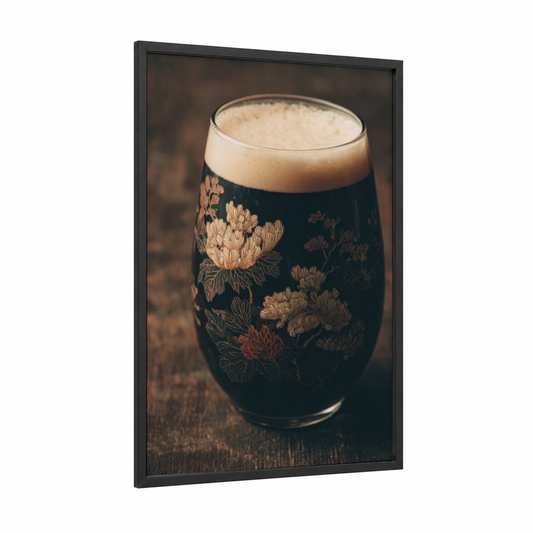 Botanical Stout framed beer print — black wood frame — black and gold and white palette