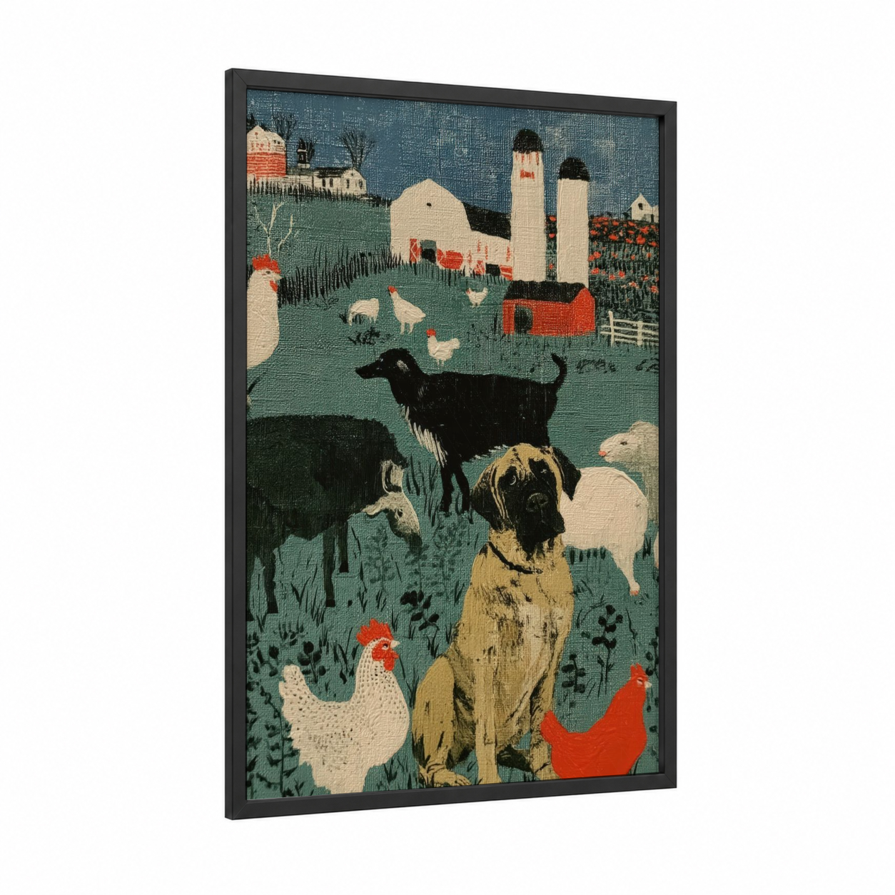Farm Mastiff framed art print — black wood frame — teal and russet palette