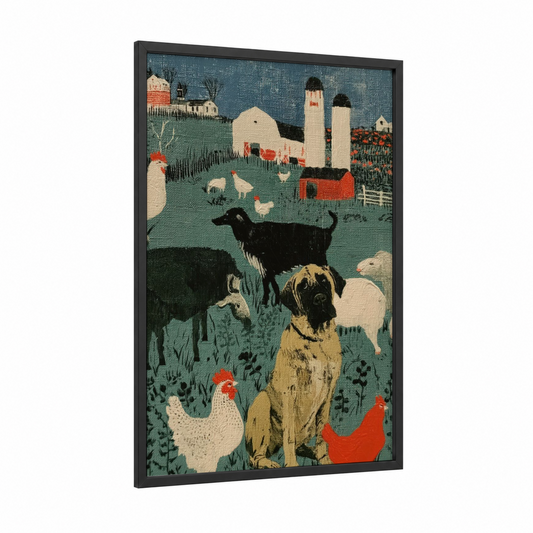 Farm Mastiff framed art print — black wood frame — teal and russet palette