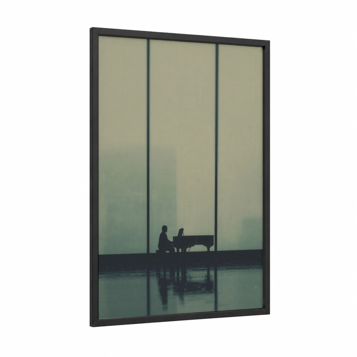 Solitary Pianist framed classical print — black wood frame — gray and sage green palette