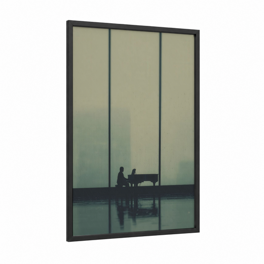 Solitary Pianist framed classical print — black wood frame — gray and sage green palette