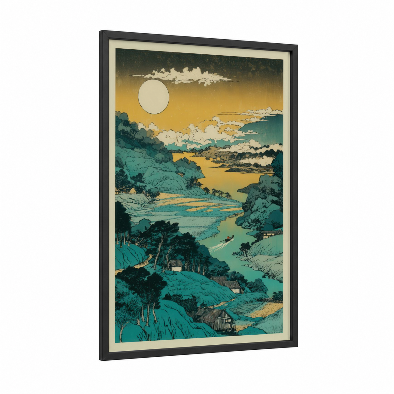 Golden Valley Vista framed various landscapes print — black wood frame — gold and teal palette