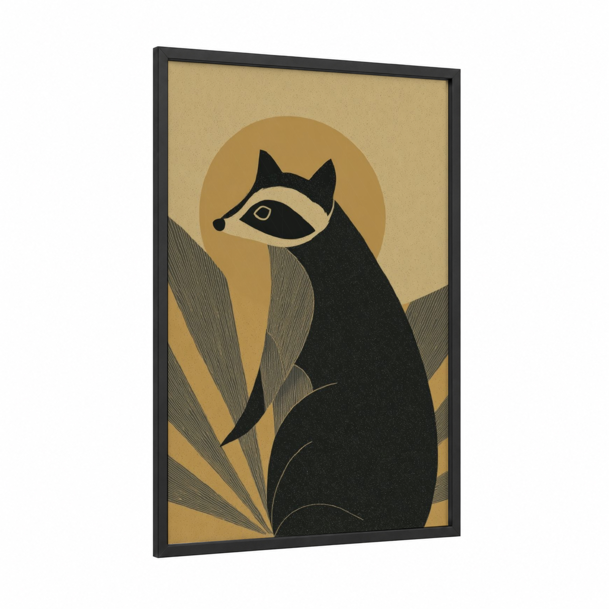 Midnight Raccoon framed art print — black wood frame — gold and black palette