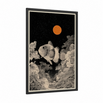 Nocturnal Clownfish framed clown fish print — black wood frame — black and white and gold palette