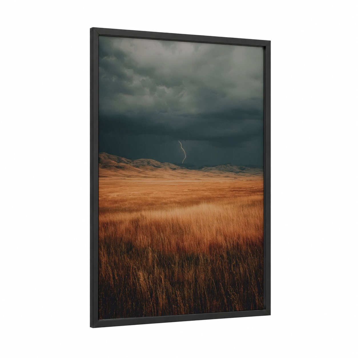 Storm Lightning Field framed art print — black wood frame — gray and russet palette
