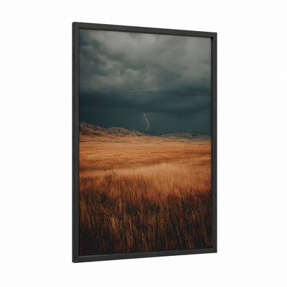 Storm Lightning Field framed art print — black wood frame — gray and russet palette