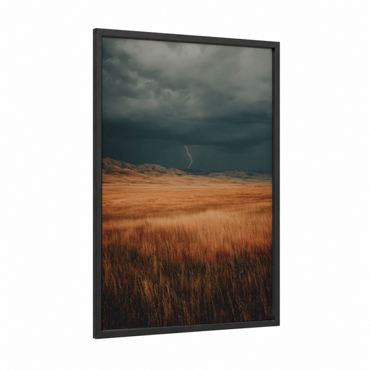 Storm Lightning Field framed art print — black wood frame — gray and russet palette
