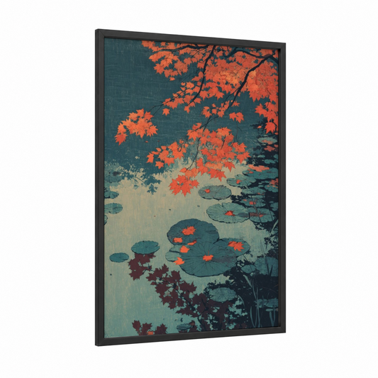 Autumn Pond Reflection framed leaf print — black wood frame — red and teal palette