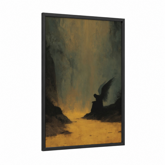 Winged Descend framed dark fantasy print — black wood frame — gold and black palette