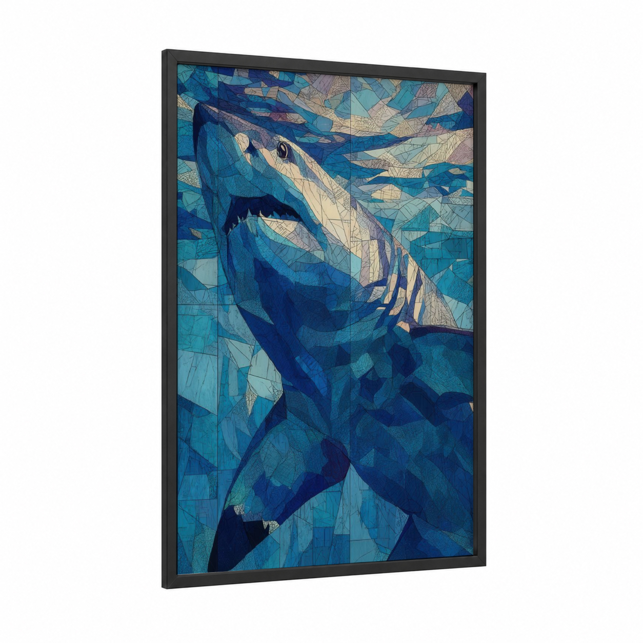 Azure Shark Mosaic framed blue shark print — black wood frame — blue and cream palette