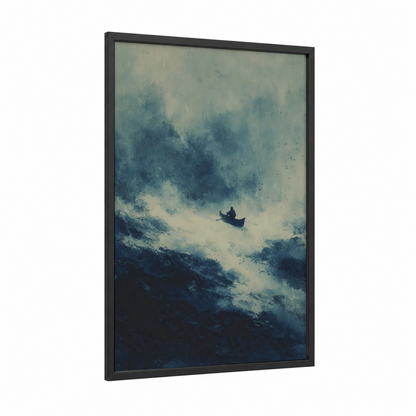 Misty Kayak Journey framed kayaks and canoes print — black wood frame — blue and gray and gray palette