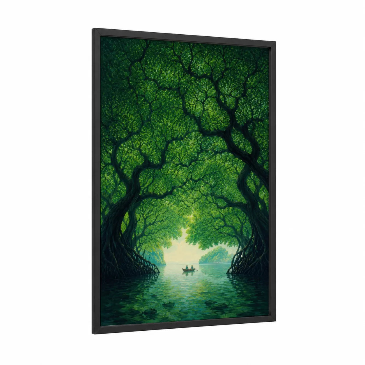 Enchanted Forest Lake Wall Art framed forest and jungle print — black wood frame — true green and teal palette