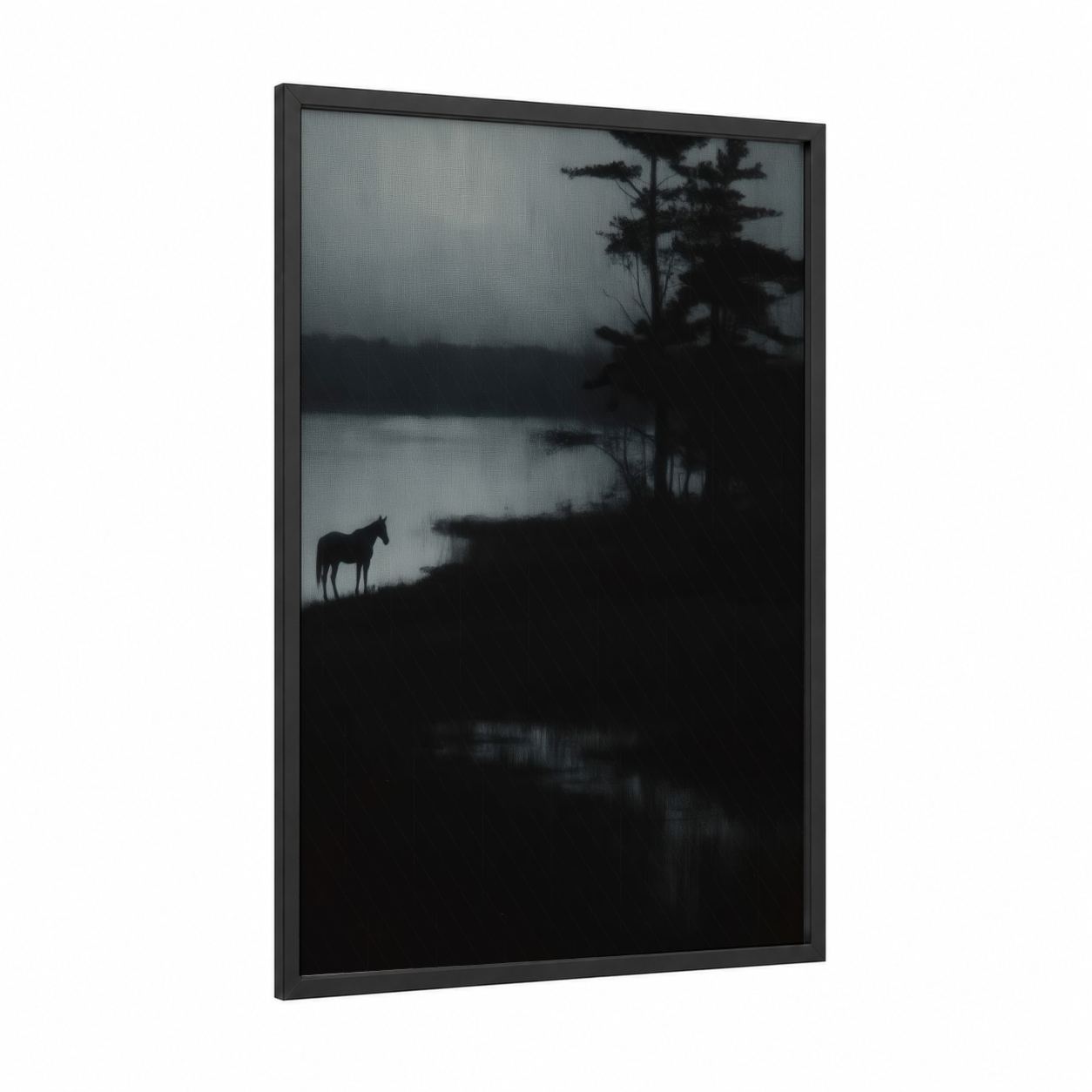 Misty Lake Horse framed thoroughbred horse print — black wood frame — black and white and gray palette