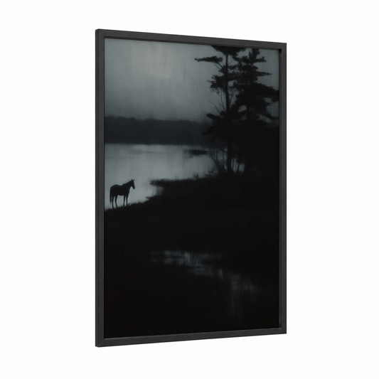 Misty Lake Horse framed thoroughbred horse print — black wood frame — black and white and gray palette
