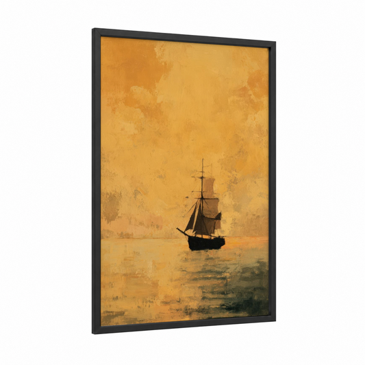 Golden Horizon Ship framed sunset print — black wood frame — yellow gold and orange palette