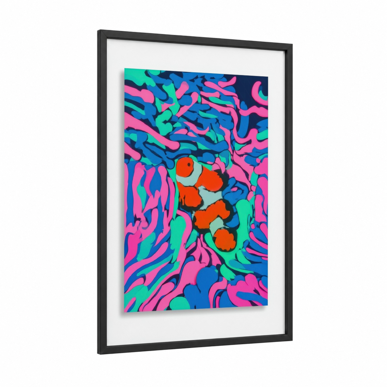 Neon Clownfish framed clown fish print — black wood frame — magenta and turquoise palette