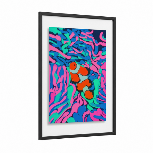 Neon Clownfish framed clown fish print — black wood frame — magenta and turquoise palette