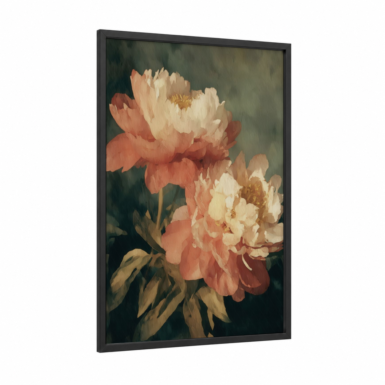 Coral Peony Bloom framed art print — black wood frame — peach and cream palette