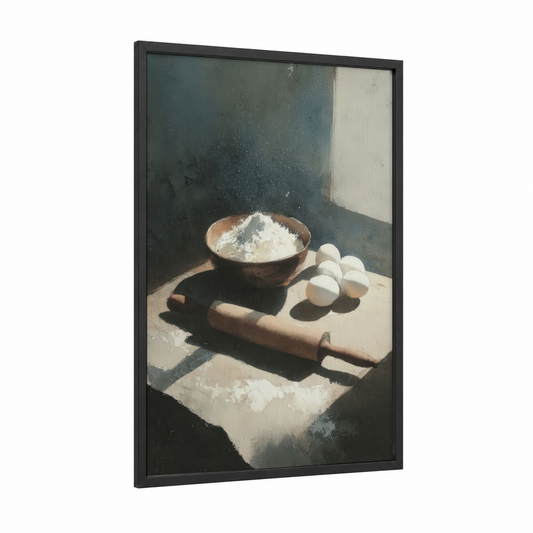 Classic Baking Preparation framed art print — black wood frame — cream and dove gray palette