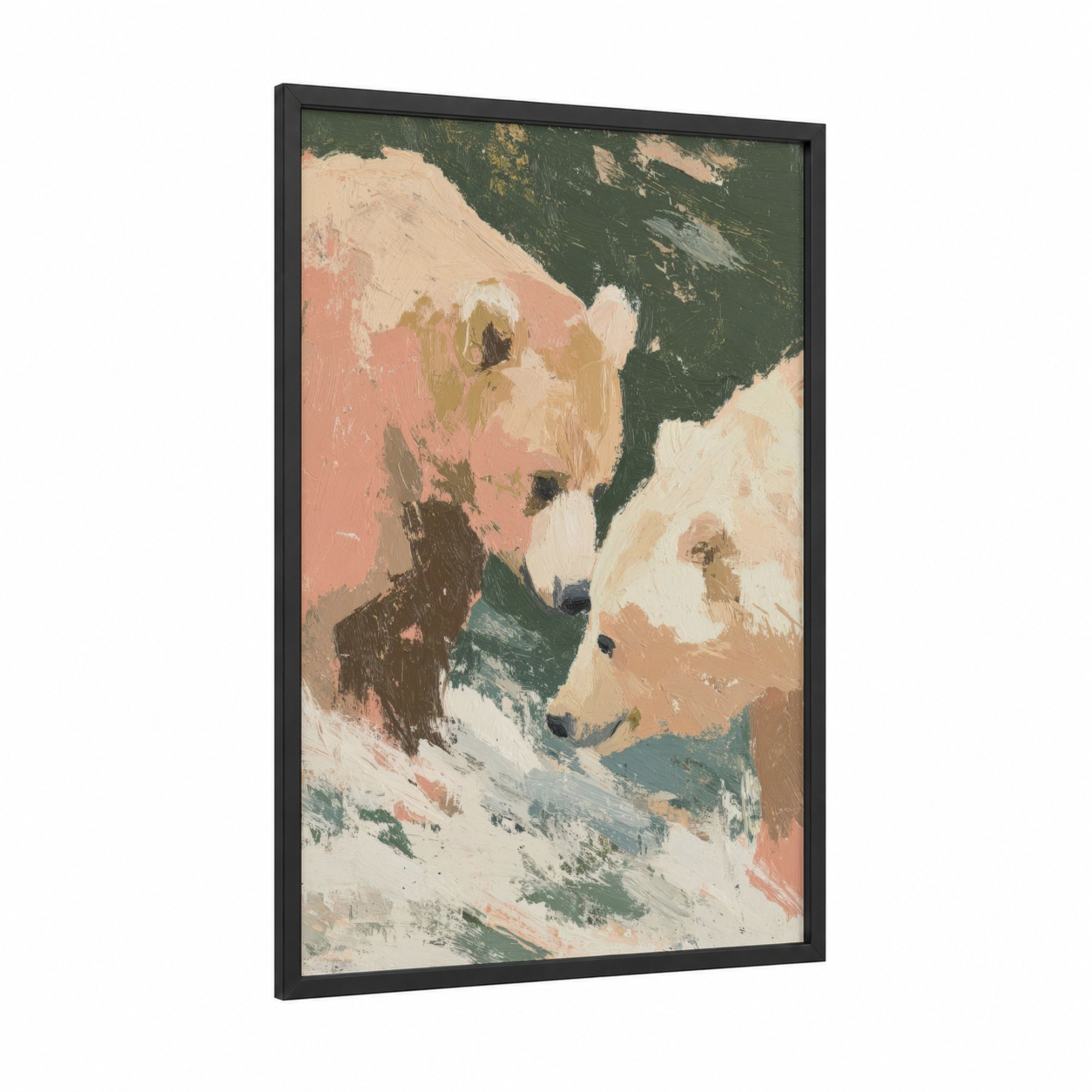 Affectionate Bears framed animals in love print — black wood frame — peach and dark green palette
