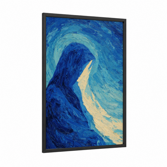 Celestial Virgin framed virgin mary print — black wood frame — blue and gold palette