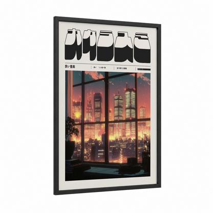 Neon City Sunset framed anime and manga print — black wood frame — gold and orange palette