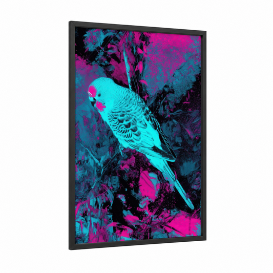 Neon Parakeet framed safari parrots print — black wood frame — magenta and aquamarine palette