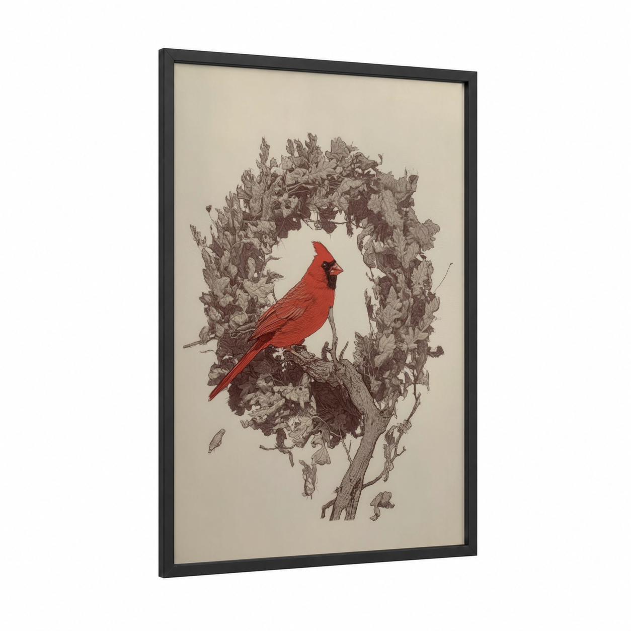 Scarlet Cardinal Wreath framed art print — black wood frame — red and beige palette