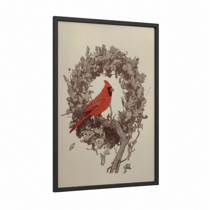 Scarlet Cardinal Wreath framed art print — black wood frame — red and beige palette