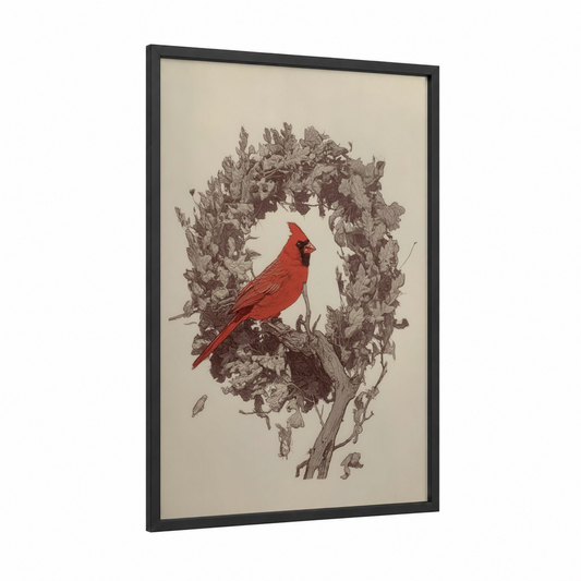 Scarlet Cardinal Wreath framed art print — black wood frame — red and beige palette
