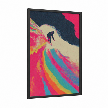 Neon Wave Snowboarder framed snowboarding print — black wood frame — magenta and yellow palette