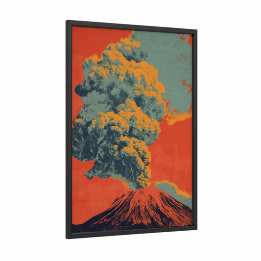 Crimson Volcano Eruption framed art print — black wood frame — red and orange palette