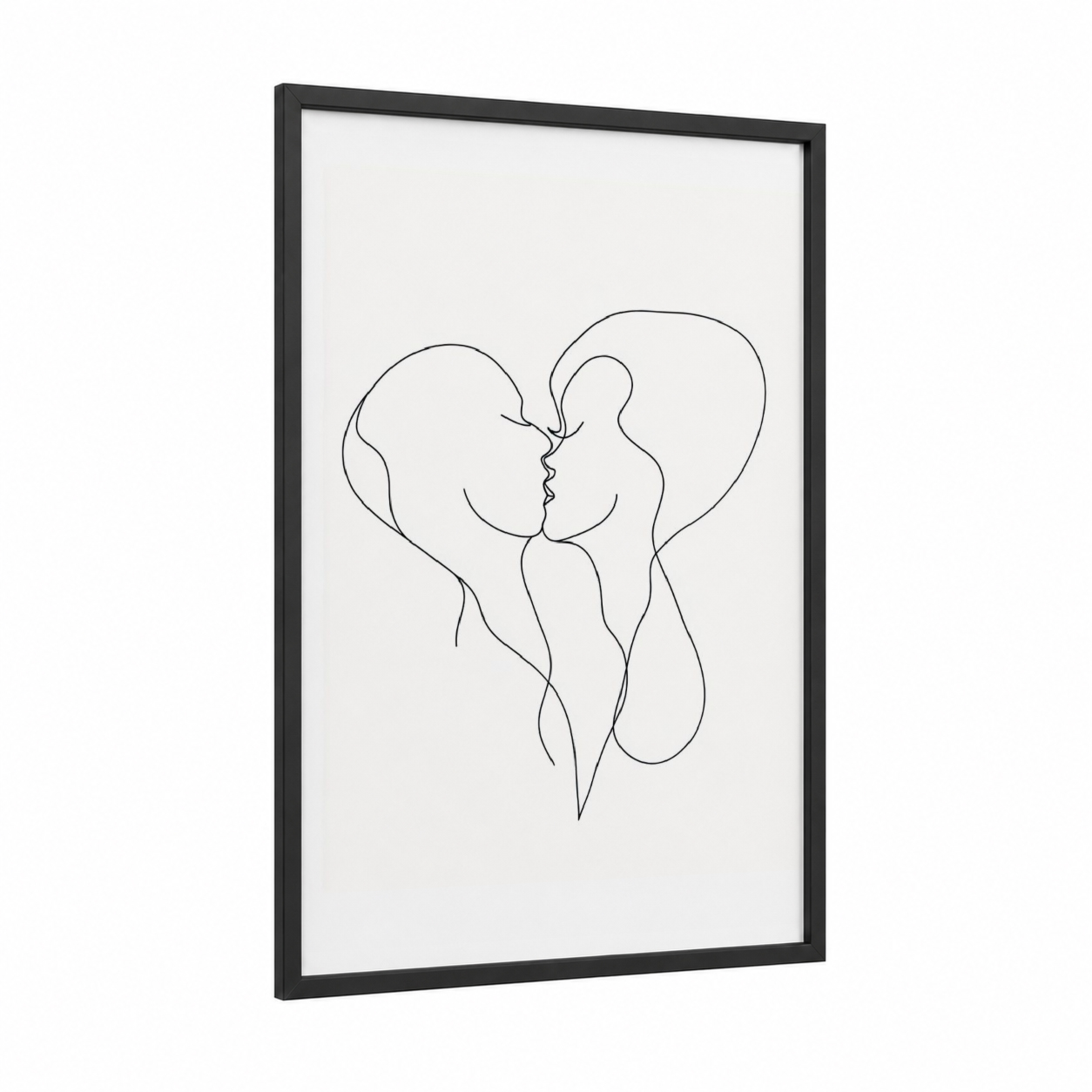Minimalist Kiss framed couple print — black wood frame — black and white palette
