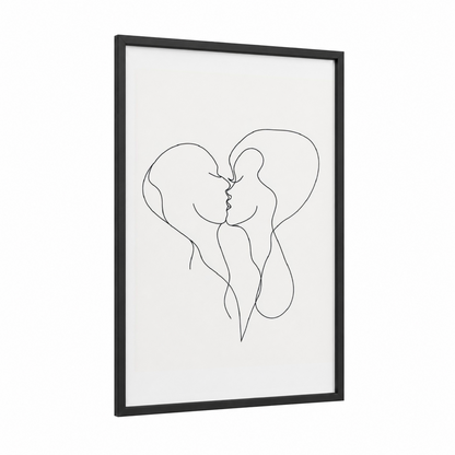 Minimalist Kiss framed couple print — black wood frame — black and white palette