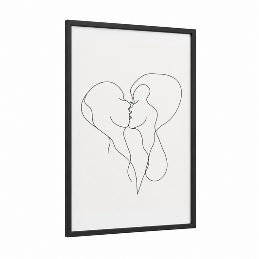 Minimalist Kiss framed couple print — black wood frame — black and white palette