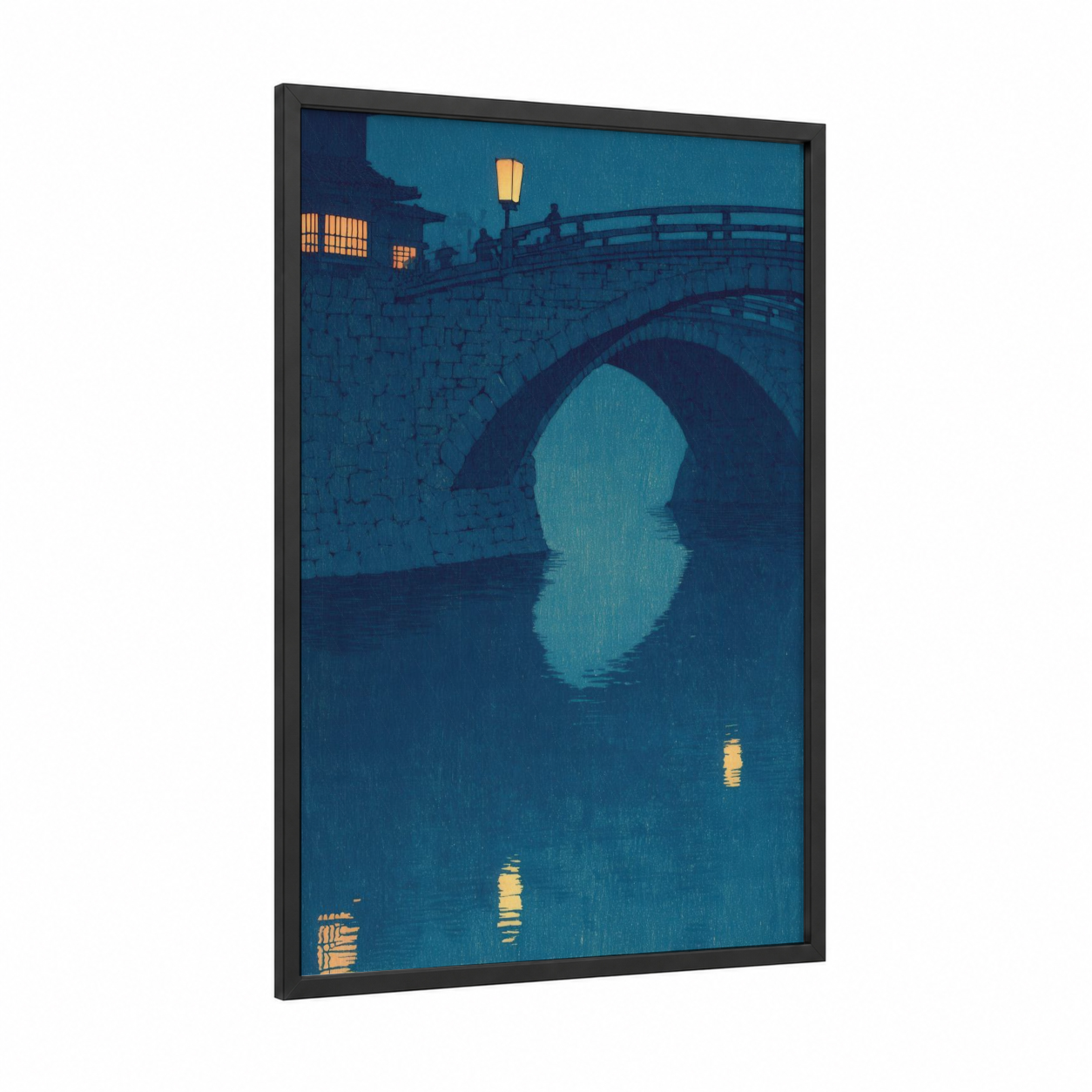 Moonlit Stone Bridge framed masonry print — black wood frame — blue and gold palette