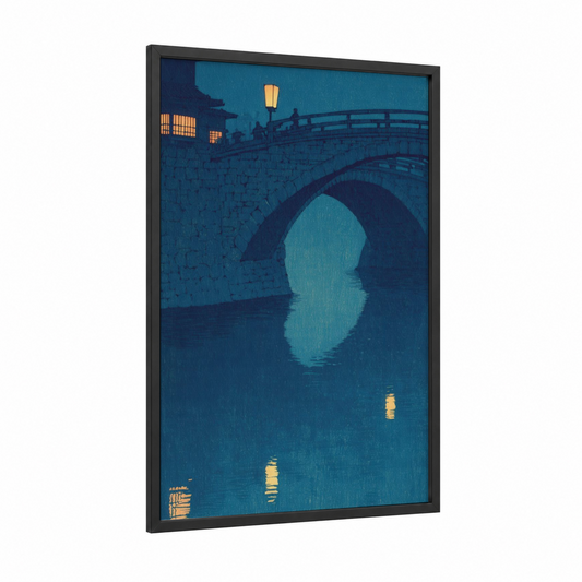 Moonlit Stone Bridge framed masonry print — black wood frame — blue and gold palette