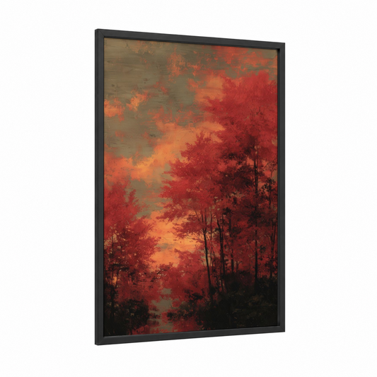Crimson Maple Forest framed art print — black wood frame — red and gold palette