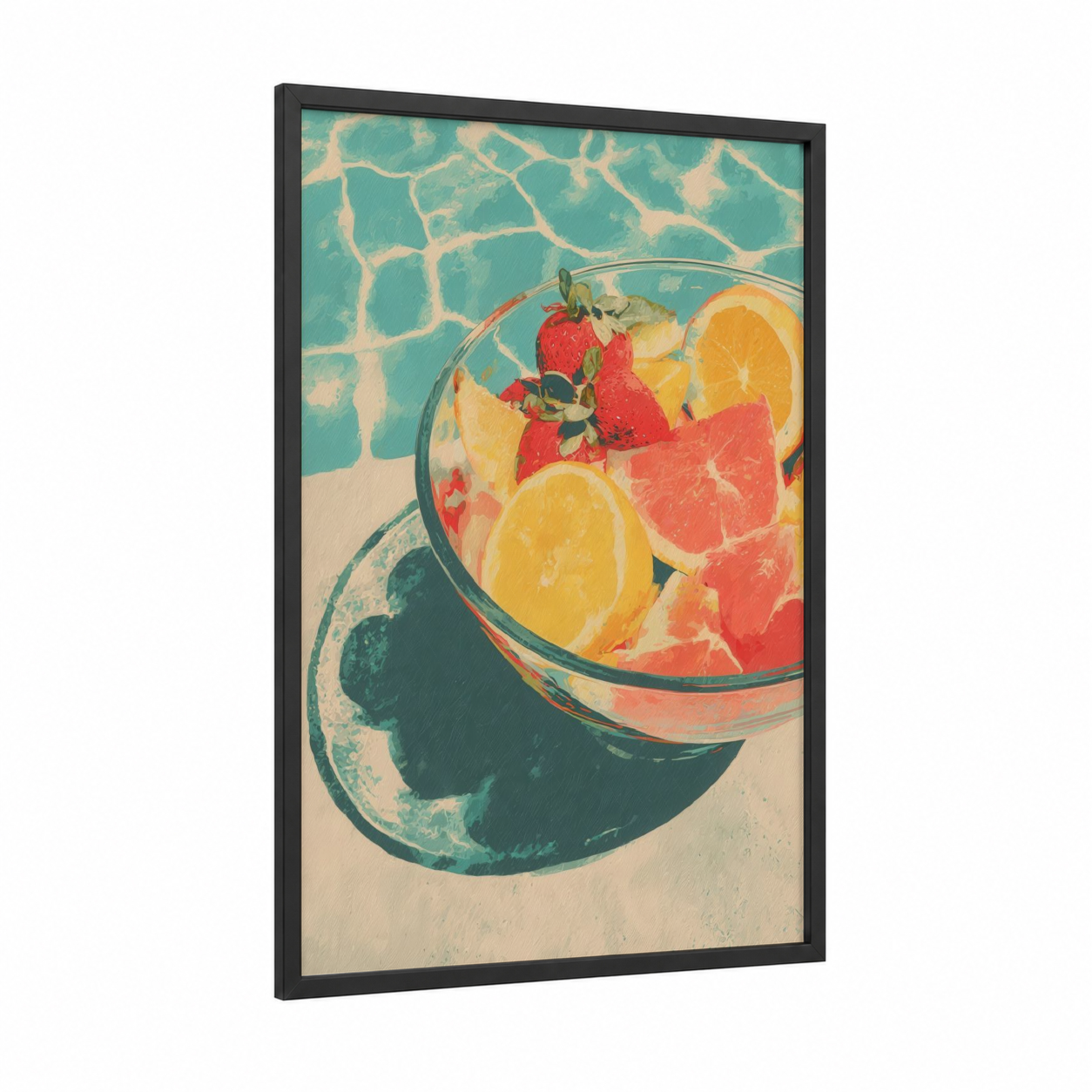 Poolside Breakfast framed art print — black wood frame — teal and peach palette
