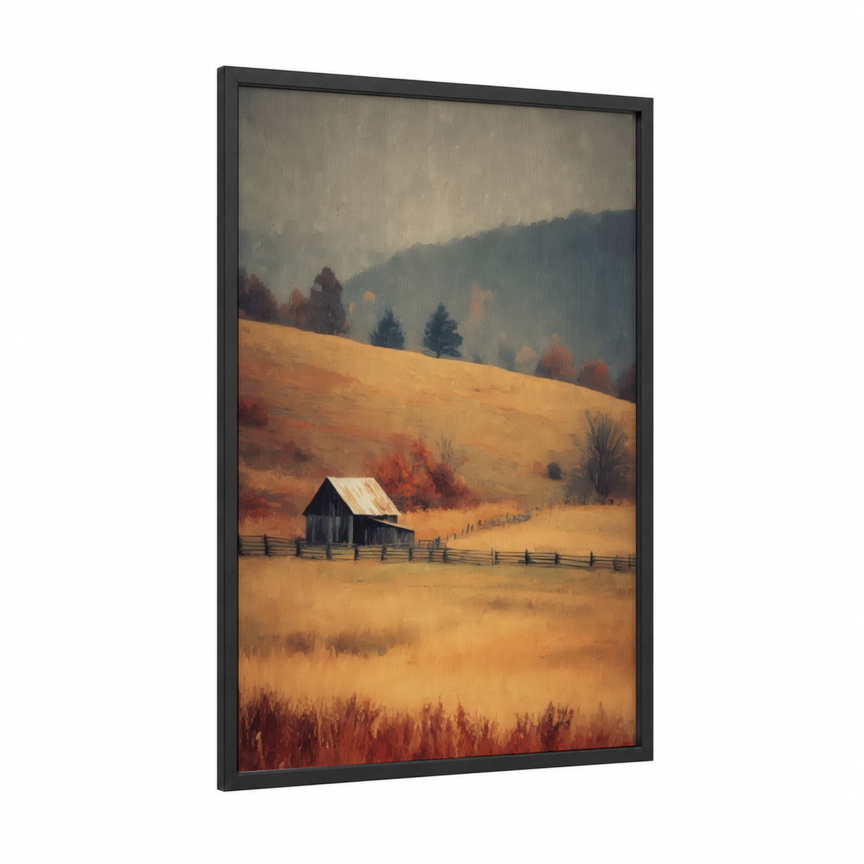 Misty Mountain Homestead framed blue ridge mountains print — black wood frame — gold and gray palette