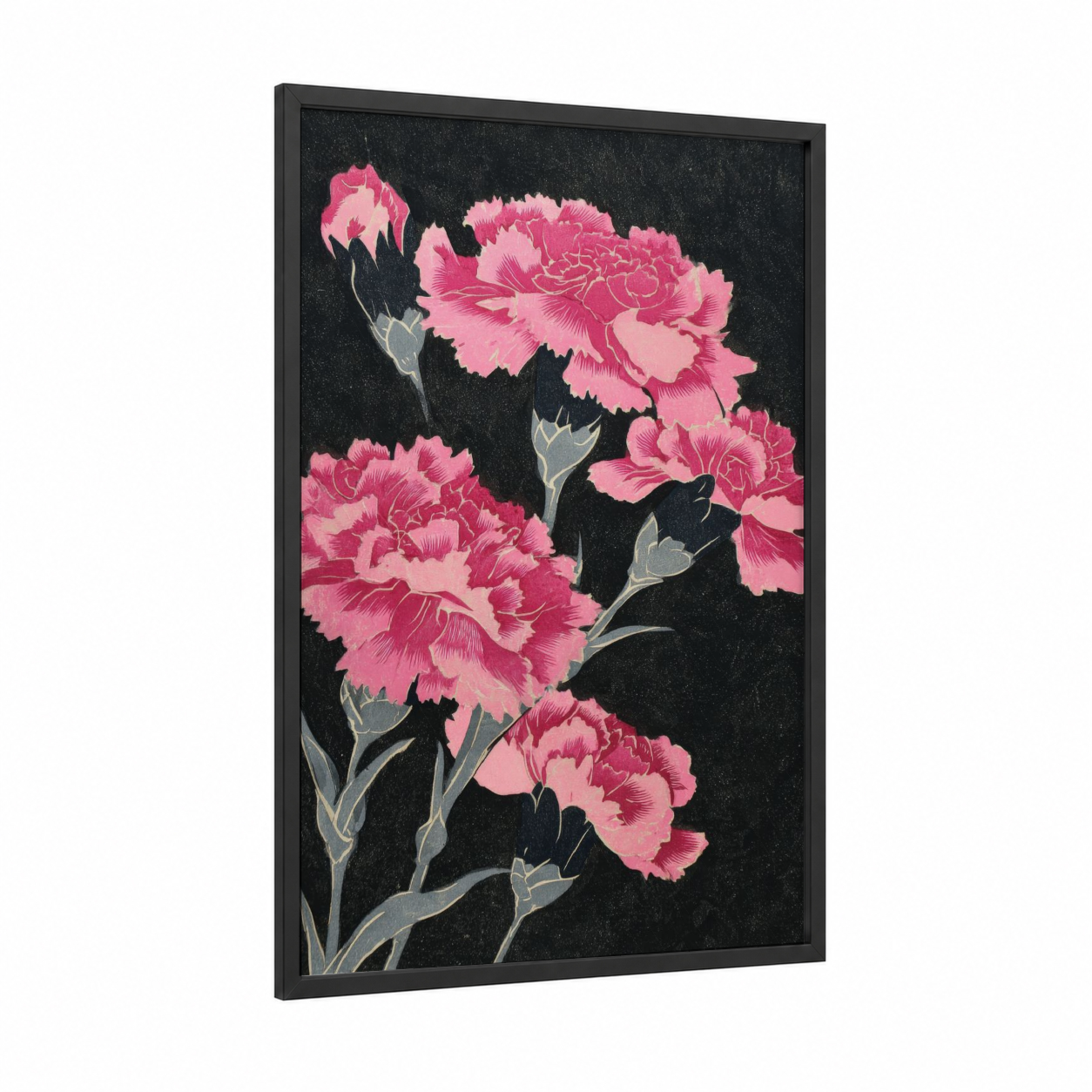 Pink Carnation Blooms framed carnations print — black wood frame — pink and black palette