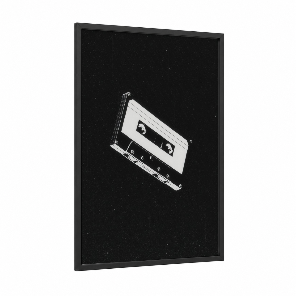 Cosmic Cassette framed casette print — black wood frame — black and white palette