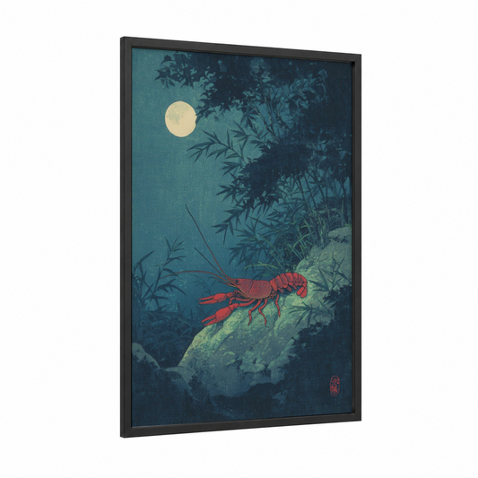 Moonlit Crayfish framed art print — black wood frame — dark blue and teal palette