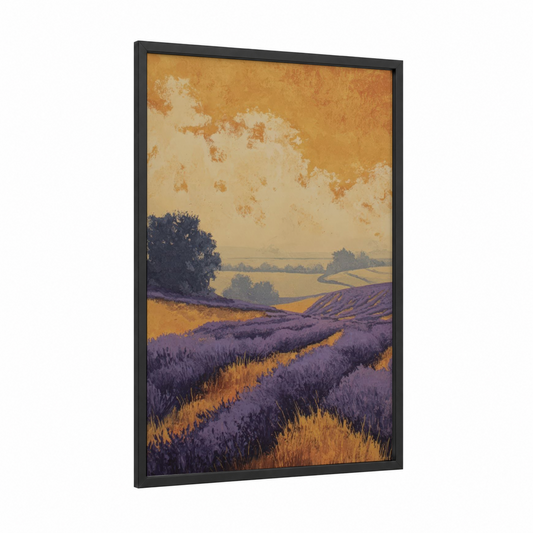 Golden Lavender Valley framed lavender field print — black wood frame — gold and purple palette