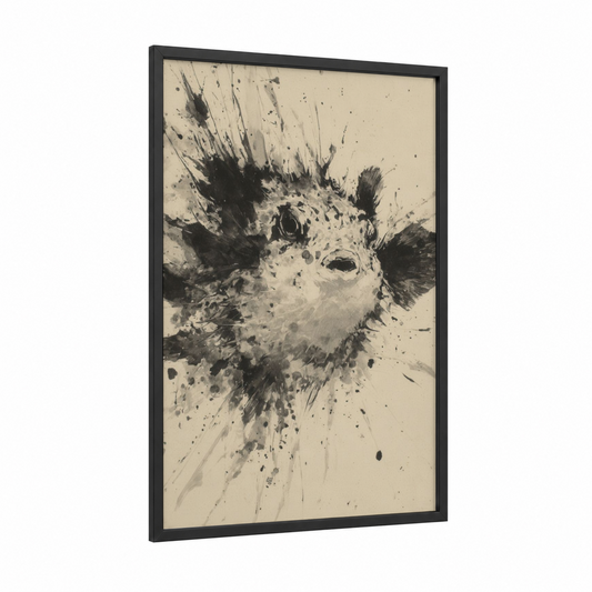 Expressive Puffer Fish framed art print — black wood frame — black and white and cream palette