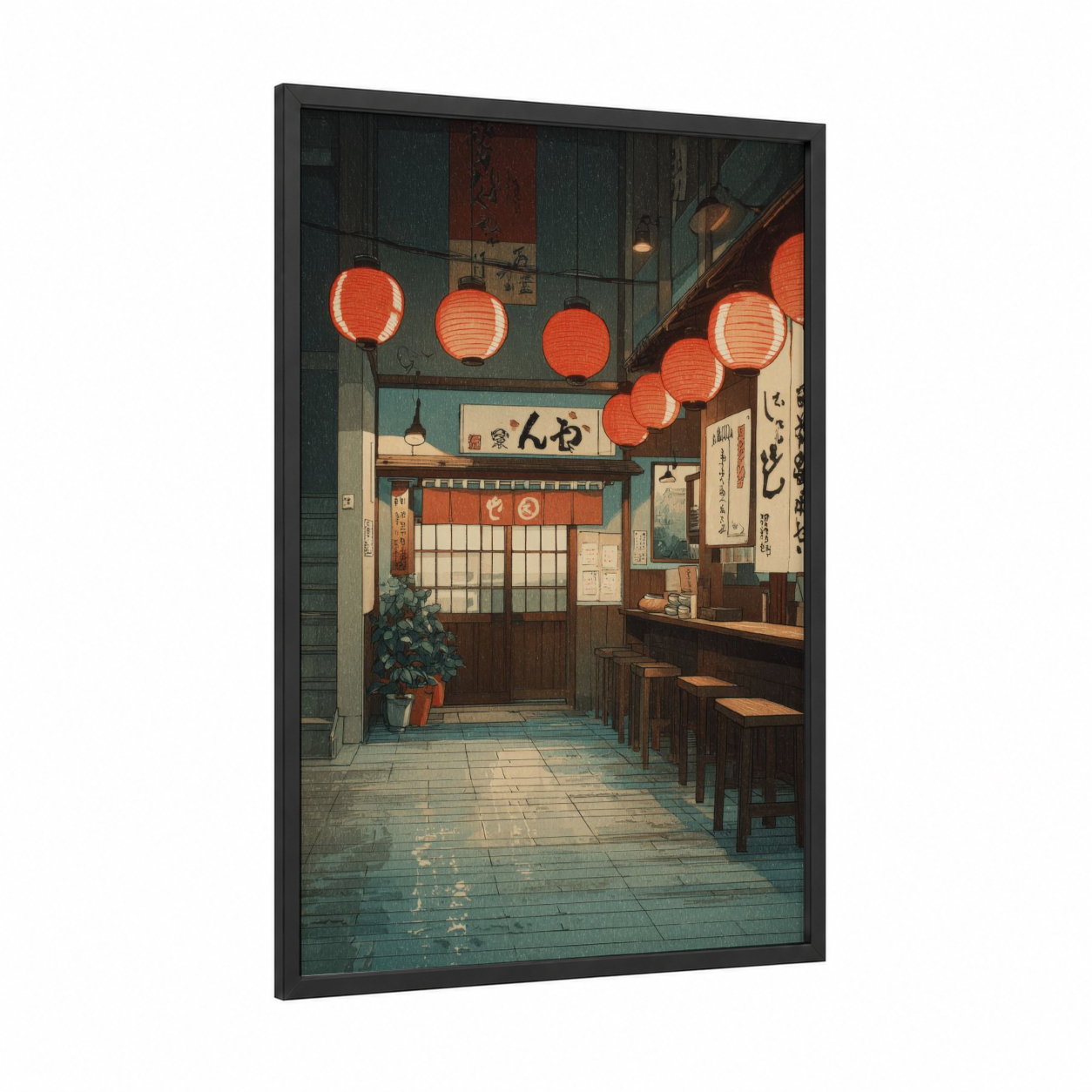 Lantern Noodle Shop framed store print — black wood frame — orange and teal palette