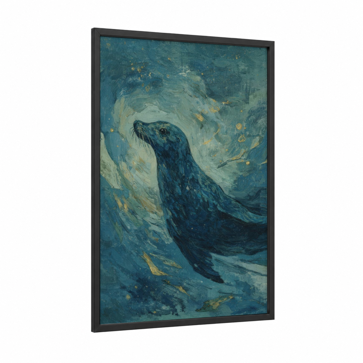 Celestial Sea Lion framed art print — black wood frame — teal and gold palette